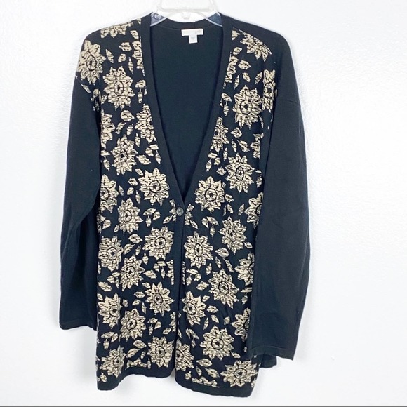J. JILL Black Gold Floral One Button Longline Cardigan, Size Large - Picture 1 of 9